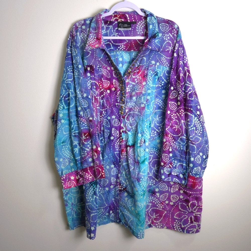 ADDED DIMENSIONS by Catherines Artsy Boho Tie Dyed Popover Tunic Top 4XL